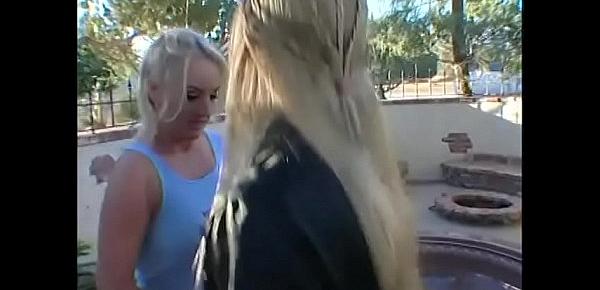  Couple of naughty blonde babes Calli Cox and Michelle Katz with big big jugs enjoy outdoor threesome action